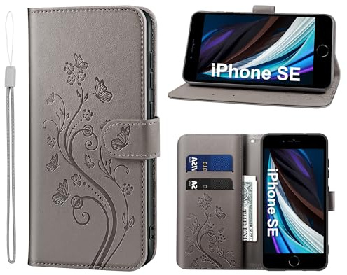 KRAFTCARE Lederhülle für iPhone 7/8/SE Klapphülle Leder Hülle | Premium PU Leder mit Prägung, Kartenfach, Ständer, Magnetic Closure, RFID Blockierung, Flip Wallet Handyhülle, Grau
