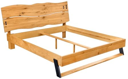 Doppelbett AMAZONAS - 180x200cm - natur - Wildeiche Baumkante Massivholz | hohes Kopfteil, stabile Konstruktion, pflegeleichte Oberfläche, natürliche Maserung, Mittelbalken, hochwertige Metalloptik