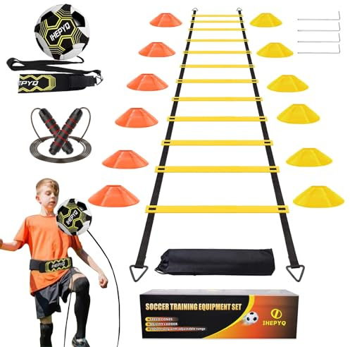 IHEPYQ Soccer Agility Training Equipment Set, 12 Rung 20Ft Agility Ladder, 12 Disc Cones, 4 Steel Stakes, Solo Soccer Trainer, Jump Rope - Speed Training Equipment for Soccer Football Basketball