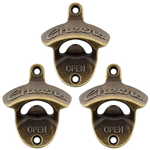 Luwanburg Rustic Wall Mounted Beer Bottle Opener, Wall Hanging Cheers Embossed Bottle Cap Opener, Unique Stationary Beer Bottle Top Opener Antique Bronze for Man Cave Family Room Bar Area (Pack of 3)