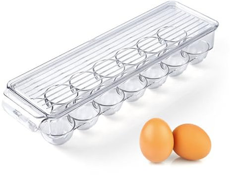 Lvjkes Eierhalter Kühlschrank, 14 Eier Eieraufbewahrungsbehälter, Kunststoff-Eierspender mit Deckel, tragbarer Eierablage-Wagenspender für Camping, Küche, Kühlschrank, 37 x 11 x 7.5 cm