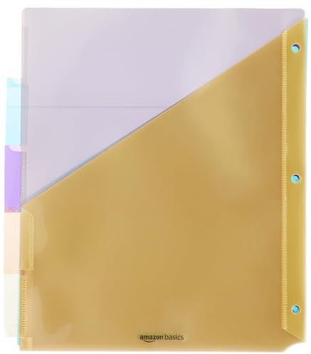 Amazon Basics Tab Dividers for 3 Ring Binder, Two Pocket, Letter Size, Assorted Colors, 5 Count