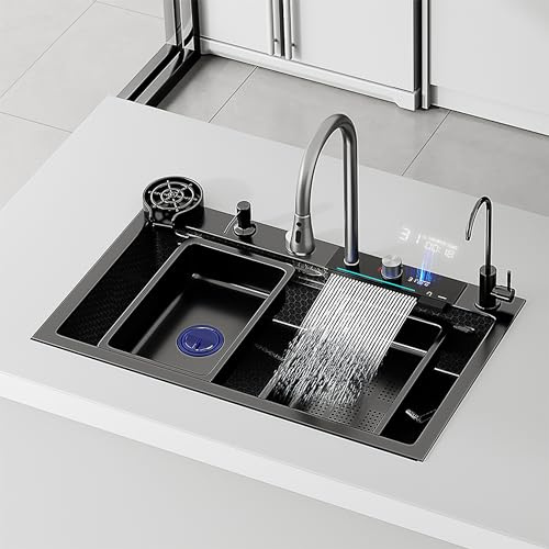 80 * 45cm,Wasserfall-Küchenspüle, schwarze Küchenspüle, LED-Temperaturanzeige, 304 tiefer Edelstahl, Nanobeschichtung, Schneidebrett – schön, langlebig und vielseitig