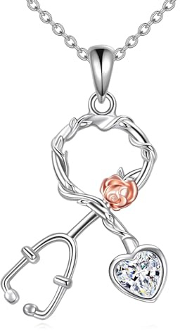 YFN Stethoscope Halskette Kette Damen Halskette Silber 925 AnhäNger Kristall Stethoskop Schmuck Necklace Geschenke für Frauen Krankenschwester Arzt Medizinstudenten