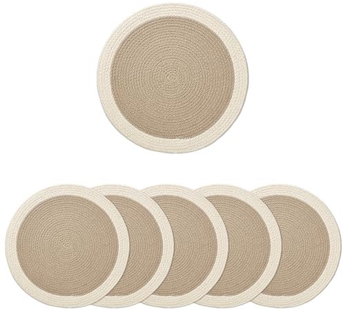 Encasa XO Placemats Set of 6 | Cotton Round Table Mat - 32 cm Diameter | Beige & Off White | Chargers for Dinner Plates - For Dining Table Fall Decoration, Holiday & Christmas Festivals