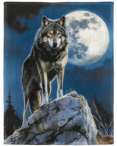 YISUMEI Soft Warm Fluffy Fleece Throw Blanket with Animal Pattern, Moon Wolf, 100 x 150 cm