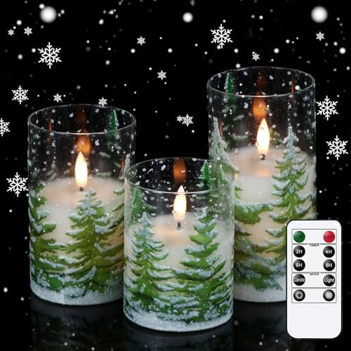 Wondise Candele in vetro senza fiamma per albero di Natale, candele tremolanti a batteria con telecomando e timer, candele di Natale a pilastro a LED in vera cera, decorazione natalizia D3 x 10,2 cm,