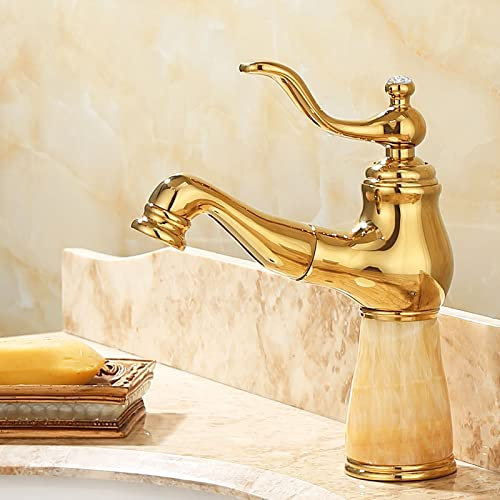 CCKUHN All Copper Gold Natural Jade Undercounter Basin Pull-Out Faucet, Universal Hot and Cold Water Faucet