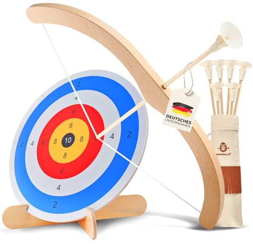 BOWRILLA® Pfeil und Bogen Kinder Holzspielzeug Set mit 6 Saugnapf-Pfeilen, Zielscheibe aus Holz und Köcher | Bogenschießen Kinder Spielzeug für Indoor- und Outdoor Spiele ab 3 Jahren