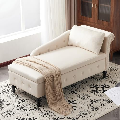 Ergonomische Chaiselongue mit Stauraum, modernes hydraulisches Loungesofa mit Nagelkopf und Knöpfen, Beige