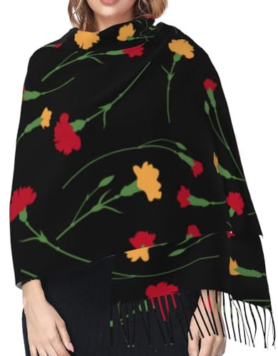 Hceaatb Damen-Schal, Nelke, farbige Blume, modisch, Winter, warm, Kaschmirschal, Fransenschal, Schwarz , Einheitsgröße