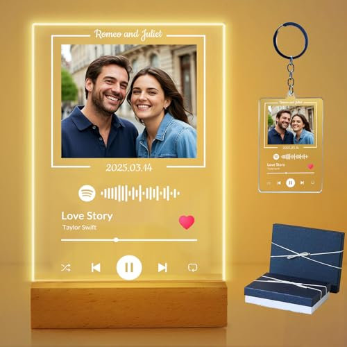 JoyJot Marco LED Personalizado para Spotify con Foto, 2 Piezas, Luz Nocturna y Llavero, Regalo para Parejas