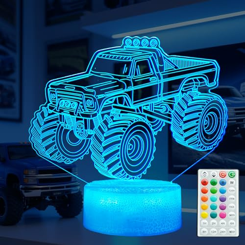 POSSHE Monster-Truck-Nachtlicht, Monster-Truck-Geschenke, 3D-Illusionslampe mit 16 Farbwechseln, Fernbedienung mit Timer und Dimmer, Kinderzimmer-Dekoration für Feiertage, Geburtstag und Weihnachten