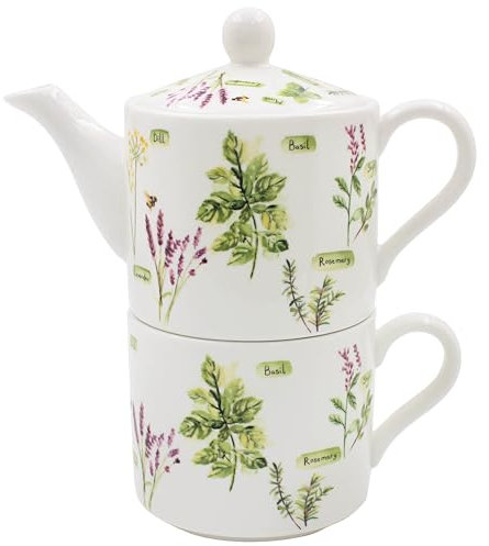 The Leonardo Collection Herb Garden Tea for One by Jennifer Rose Gallery | Porcelain Teapot and Cup Set with Herb Garden Illustration | Elegant Tea Set | Farmhouse Style | Gift for Garden and Tea Love