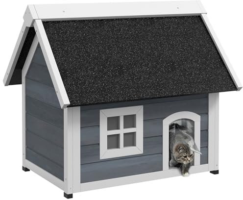 PawHut Maison pour Chat en Bois, Niche pour Chat, fenêtre en plexiglas, Porte à lamelles, Toit bitumé ouvrable et 3 Portes, Pieds en Plastique, 77 x 57,5 x 68 cm, Gris