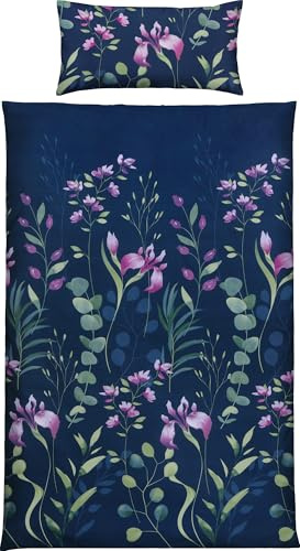 Erwin Müller Mako-Satin Bettwäsche Blumen und Blätter dunkelblau Größe 40x80 cm / 135x200 cm - mit Digitaldruck, seidig weiche Qualität, temperaturausgleichend, mit Reißverschluss