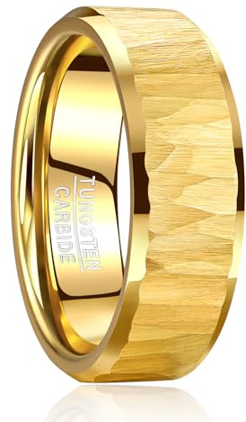 TUNGSTORY Mens Tungsten Wedding Bands Hammered Ring 8mm Classic Gold Wedding Rings with Beveled Edges Comfort Fit Jewelry Gift for Him Size U 1/2