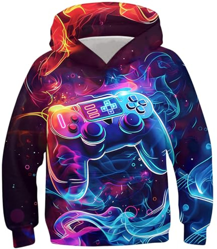 kids4ever Unisex barn huvtröja 3D rolig GedrucKt huvtröja långärmad pullover huvtröjor sweatshirt för pojkar flickor med ficka ålder 6–16, spelkonsol, 8-11 år