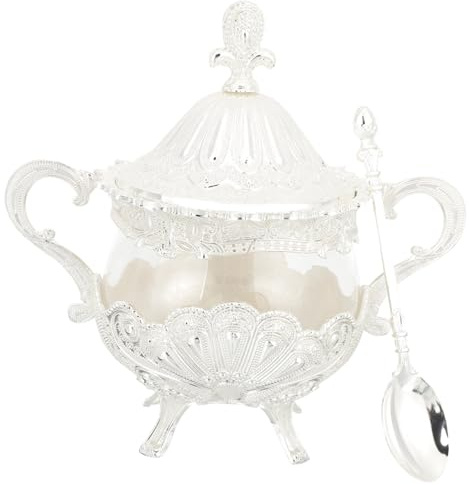 TOYZFRIENDY Pot à Condiments Décoratif en Verre et Alliage de Zinc avec Couvercle, Sucrier Vintage Motif en Relief, Cuisine et Bureau, Récipient Multi-usage D’assaisonnement