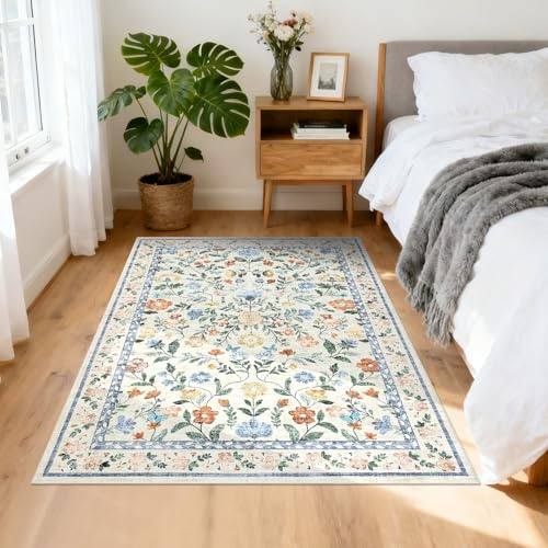 CAROMIO Washable Flower Area Rug 80x150 cm Low Pile Non-Slip Nursery Green | Floral Children's Room Rug, Vintage Farmhouse Carpet for Bedroom Hallway Bedside, Distressed Boho, Easy to Clean, Ultra Thin