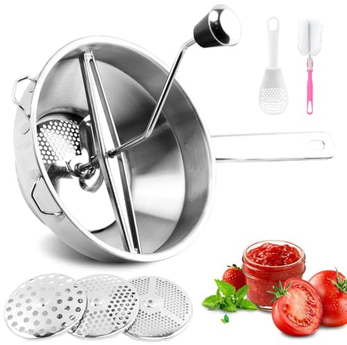 Ergonomic Food Mills With 3 Milling Discs, 8 Stainless Steel Rotary Food Mill with Hand Crank for Tomato Sauce, Mashed Potatoes(Sliver)