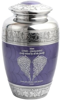 Angel Wing Cremation Urn for Adult Ashes – Durable Aluminium Funeral Container – Purple Memorial Vessel with Engraved Design Securely Holds Human Remains up to 90kg or 14 Stone (Personalised-Purple)