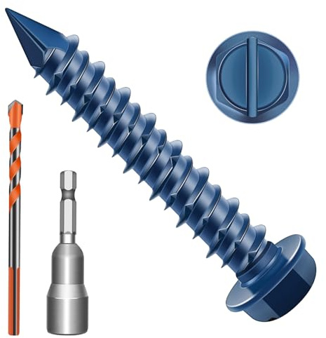 Zynthor 6.5 x 45mm Concrete Screws, 50 Pcs Blue Hex Washer Head Concrete Screws Anchor Kit with Drill Bit and Hex Bit Socket, for Masonry, Cement, Block, Brick or Stucco