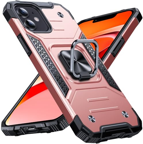 Anqrp Heavy Duty Case for iPhone 12/12 Pro Case with Enhanced Ring Holder Grip Stand, Military Grade Shockproof Rugged Drop Protective Silicone Hard iPhone 12/12 Pro Phone Case Cover, Rose Gold