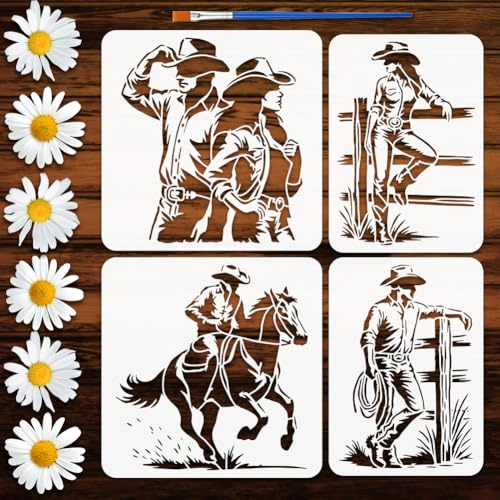 FINGERINSPIRE 4 Stück Westernfiguren Malschablonen Mit Pinsel 2 Größe Kunststoff Schablone Mit Western Cowboy Motiv Wiederverwendbar Pferde Kunsthandwerk Schablone Zum Malen Auf Wänden Stoff Papier