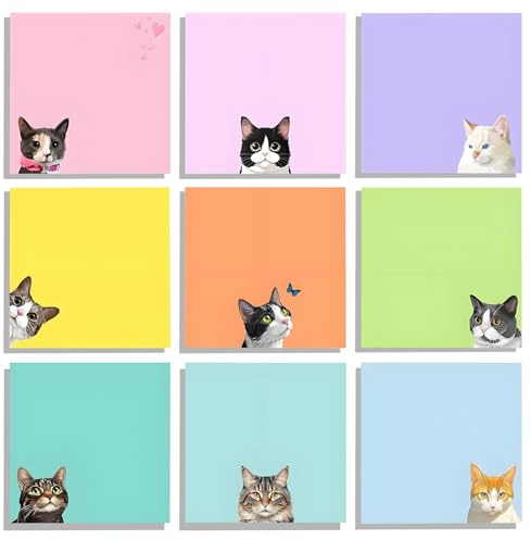 9 Blöcke Katze Haftnotizen, Süße Selbstklebende Notizzettel Sticky Notes, Haftnotizen Klebezettel mit Superstarker Haftung, Lustiges Katzen Design, Geschenk für Katzenliebhaber, Büro und Schulbedarf