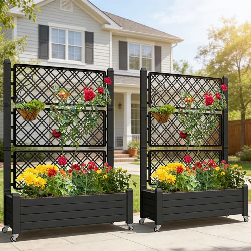 YITAHOME 43.3x17.7x61 in Planter Boxes Outdoor with Trellis 2pcs Resin Raised Garden Bed with Wheels & Drain Plug for Climbing Plants, Weather-Resistant Outdoor Privacy Screen, Black