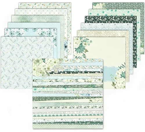Scrapbook Papier, Muster Papier, Dekorpapier, Motivpapier Set (Grün) | 30,5 x 30,5 cm, 24 Designs, 24 Blatt Doppelseitiges Bastelpapier Muster für Journal, Fotoalbum und Scrapbook Dekoration