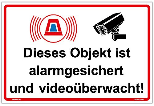 SchildObjekt alarmgesichert und videoüberwacht Hinweisschild 300x200 mm Querformat, stabile Aluminiumverbundplatte 3mm stark - inkl. 4 Eckbohrungen