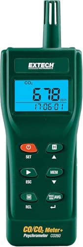 Extech CO260 CO- und CO2-Innenraumluftqualitätsmesser, Temp | Kohlenmonoxid und Kohlendioxid, Temp, RH, Taupunkt, Feuchtkugel, Datenlogging, hintergrundbel. Display