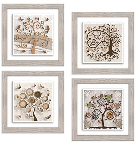 Lupia - Set 4 Quadri in Ceramica stampa in rilievo vivida, TREE Albero della Vita, Cornice Modern Legno Shabby Chic Beige, Decorazione Parete, Idea Regalo, 18x18cm o 29x29cm, Made in Italy 18x18 cm