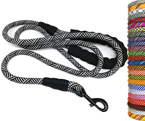 MayPaw Heavy Duty Rope Dog Leash, 3/4/6/7/8/10/12/15/20/30FT Nylon Pet Leash, Soft Padded Handle Thick Lead Leashes for Large Medium Dogs (Black, 1/2 * 12')