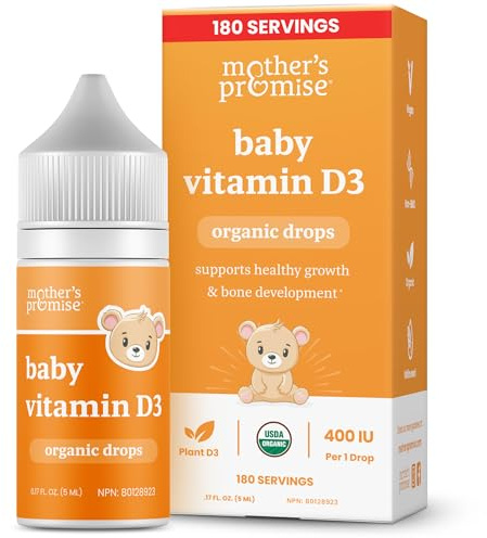 Mother's Promise Organic Baby Vitamin D Drops | 100% Plant Based | Healthy Growth & Bone Development | Age Newborn+ | 180 Servings | Baby Vitamin D3 Liquid for Infants & Toddlers | 400 IU for Babies