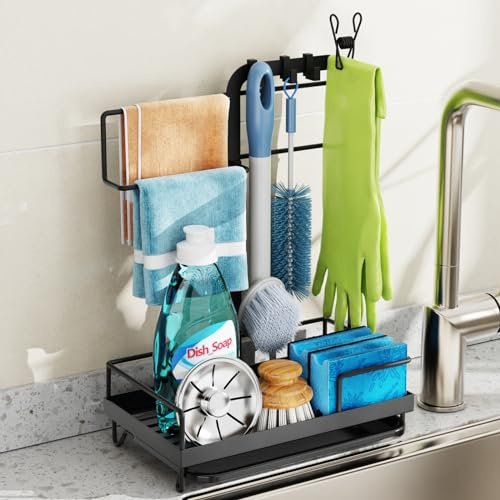 GSlife Sink Caddy Kitchen Sink Organizer - Large Black Metal Sink Caddy with Towel Holder, Sponge Holder, Dish Brush Hanger, Rustproof, Countertop Mount, Drying Rack for Dishware | Removable Drip Tray, Towel Bar & Glove Clip for Sponge, Sink Counters, Cleaning Tools and Kitchen Daily Use, Rust-Resistant