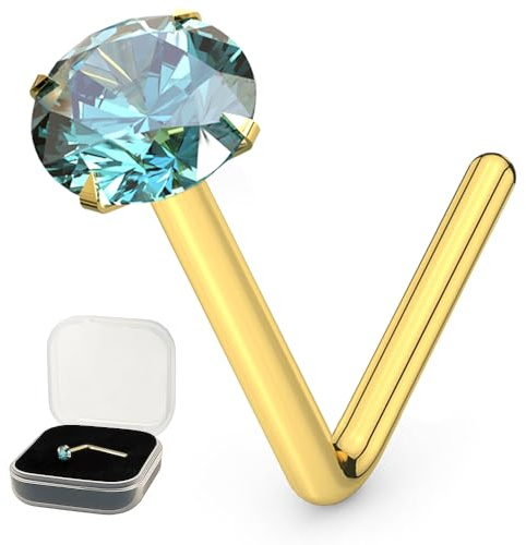 AZARIO LONDON Piercing de nariz en forma de L de oro amarillo macizo de 9 quilates, calibre 24 (0,5 mm) con piedra preciosa de cristal, piercing de nariz pequeño, calibre 24, joyería de piercing de