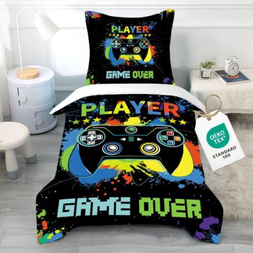 CINYE Gamepad Gamer Bettwäsche FüR Kinder Jungs Spieler Kinderbettwäsche 135x200 cm Jungen Mit 1 Kissenbezug 80×80 cm 3D Gedruckt Muster Mikrofaser Schwarz