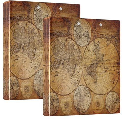 Quteprint Ringbuch mit 3 Ringen, Vintage-Retro-Weltkarte, 3,8 cm, rund, mit 3 transparenten Innentaschen, Ordner-Organizer mit Klemmbrett für Büro, Zuhause, Schule, hält 200 Blatt, 2 Packungen
