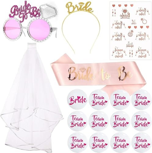 UNIVERTEN Addio al Nubilato Gadget Sposa di Essere Bride to Be Satin Sash Cerchietto Velo e Occhiali Rosa, Team Bride Tatuaggi e Spille, Divertenti 19 PCS