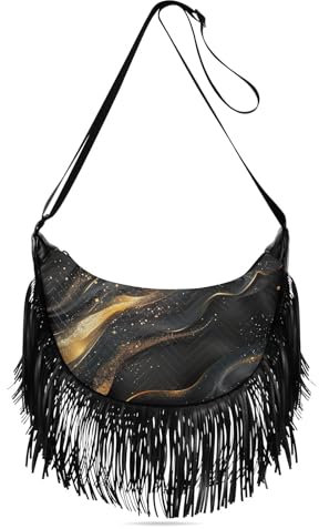 GAIREG Fransentasche, Umhängetasche, Quaste, Westernhandtaschen, Hippie-Geldbörsen für Damen, Crossbody, Fantasy Gold Schwarz Marmor Muster