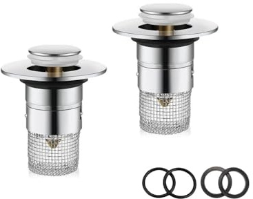 HYSHLC Waschbeckenstöpsel, 2 Stück Abflussfilter Edelstahl Waschbecken Stöpsel für 34-40mm Abfluss Ablauf Universal Pop Up Abflusssieb Waschbecken mit Haarsieb für Aufsatzwaschbecken (2)