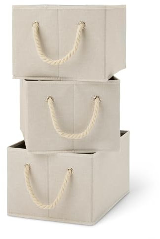 Amazon Basics Foldable Storage Bins with Rope Handles, Linen, Large, Pack of 3