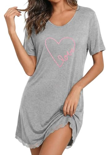 Demegimi Nachthemd Damen Kurz Baumwolle Schlafshirt Sommer Kurzarm Schlafshirt Kurz Sleepshirt Damen Nachthemd mit Herzdruck und Rundhalsausschnitt