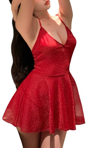 Damen Sexy Kleider Strapse Kleid Glitzer Glänzend Tüll Abendkleider Tiefer V Rückenfrei Babydoll Dessous Spaghetti Minikleid (DE/NL/SE/PL, Alphanumerisch, Einheitsgröße, Regular, Regular, Rot)