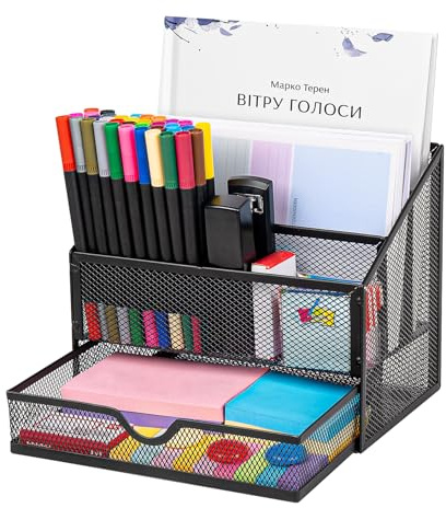 Kolstål nätskrivbordsorganisatör med låda, metall skrivbordsförvaring, förvaringshylla med fack, svart multifunktionell pennhållare kontor organisatör skrivbord för hemmakontor skola