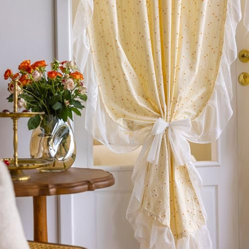 Uixxducc Süße Gelbe Spitzenvorhänge mit Rüschen und Blumenmuster, Kurze Vintage Voile Polyester Ösenschal Wohnzimmer Luftig Dekoschal für Schlafzimmer (100x153cm)