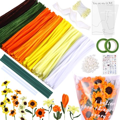 MKLG 385 Stück Pfeifenreiniger Blumen Set, Pfeifenputzer Blumen Zum Basteln, Mit Grüne Blumenstöcke, Klebebandrollen, Klebestifte, Anleitungen, Blumenstraußverpackungen, Bänder, Staubgefäße etc